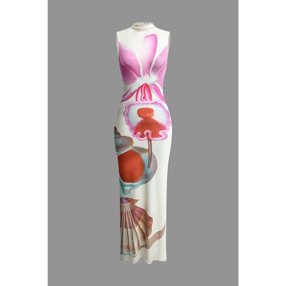 Micas Floral Print Mock Neck Slit Sleeveless Maxi Dress Elegant Stretch White M - Picture 7 of 9